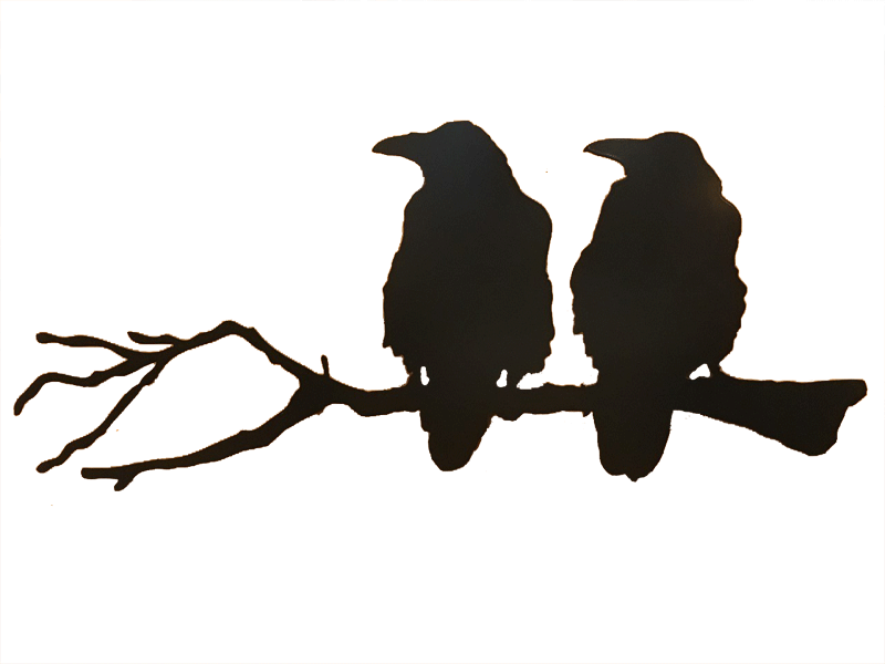 The matte black silhouette of two ravens seated on a long branch. Both ravens look to the left. A slight roughness to their outline creates a realistic impression of ruffled feathers. The branch is similarly realistic, with small knots, crooks, and broken twig stumps.