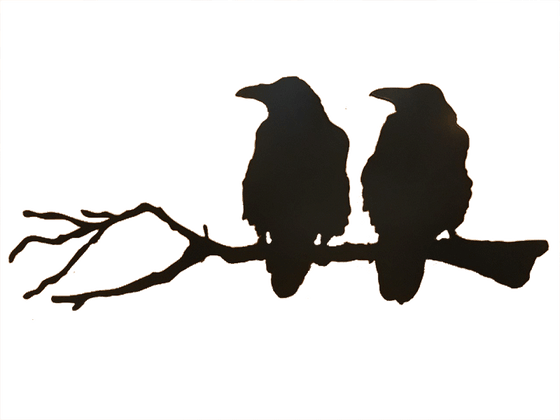 The matte black silhouette of two ravens seated on a long branch. Both ravens look to the left. A slight roughness to their outline creates a realistic impression of ruffled feathers. The branch is similarly realistic, with small knots, crooks, and broken twig stumps.