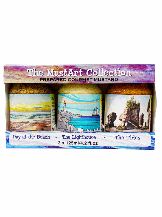 A pack of 3 clear jars of mustard encased in a box displaying PEI artist Michael Schoenknecht's painting "Sea and Sky" - a purple and yellow sky with a blue sea below. Each jar's label displays art from different Maritime artists. 