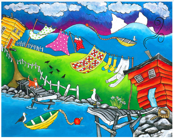 A bright, colourful and fun depiction of outport life in Newfoundland. A clothesline with a red dress, socks, and blankets spans above bright green grass in between two vibrant biscuit box houses - one red and one yellow. Both houses have their own dock extending into the bright blue ocean water, where a seagull can be seen sitting on a yellow dory. An orange cat is standing one dock, along with the skeleton of a fish. Icebergs and a blue and pink sky span the top of the picture.