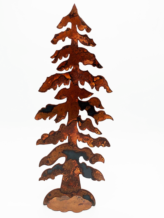 A draping pine tree cut from warm, weathered steel. The roots attach to a sturdy base.