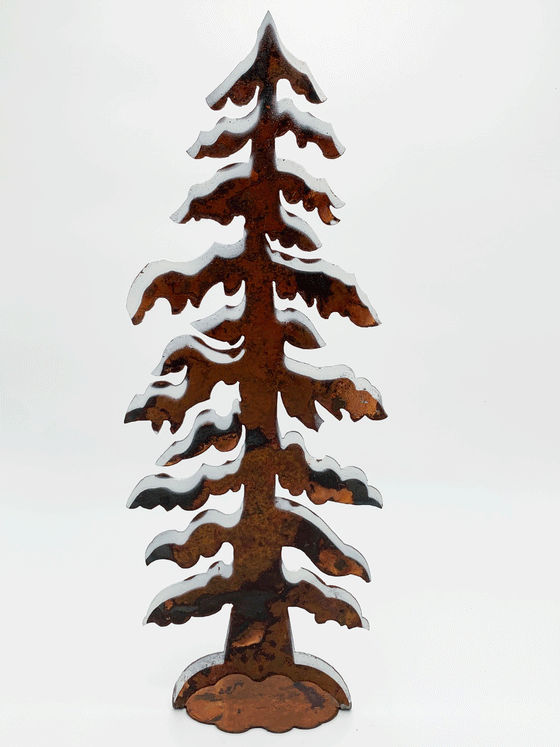 A draping pine tree cut from warm, weathered steel. The branches are handpainted with white to look like snowy boughs. The roots attach to a sturdy base.