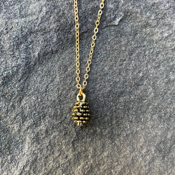 Gold cable chain with small oval shaped pinecone pendent. Pinecone has shiny finish and several grooves that give a realistic appearance. Necklace sits on stone background.