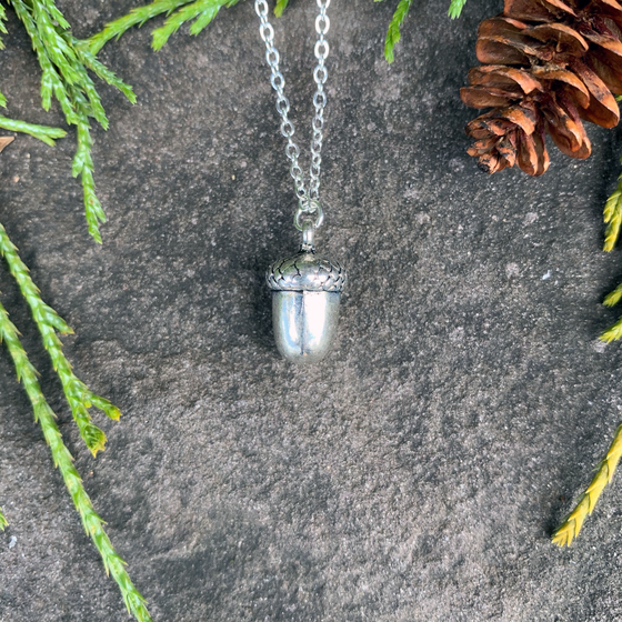 A small silver acorn charm on a silver chain sits on a stone background.  The silver has a bright finish. Around the picture are decorative evergreen leaves and a pine cone.
