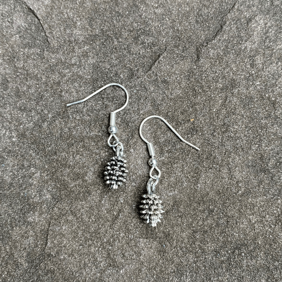 Silver hook earrings with oval pinecone. Earrings are dangly. Earring has shiny finish and pinecone has several grooves that give a realistic appearance. Two earrings, one pinecone on each earring back. Earrings sit on stone background. 