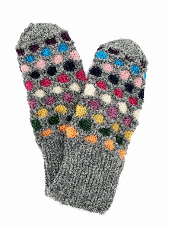 A grey pair of knit mittens with colourful circles going around the mittens. Colours consist of orange, forest green, yellow, purple, white, pink, black, light pink, blue, and dark purple. No circles on both ends of the mittens.