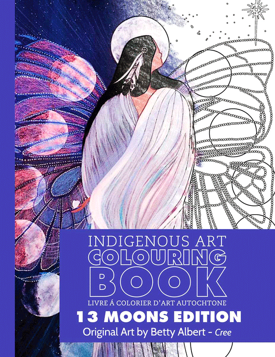 Indigenous art colouring book 13 moons edition with a colourful butterfly drawing cover and original art from Cree artist Betty Albert