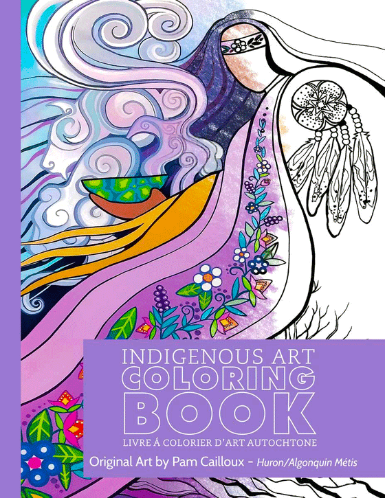 Indigenous art colouring book with original art by Huron/Algonquin Metis artist Pam Cailloux featuring dreamcatchers and other drawings