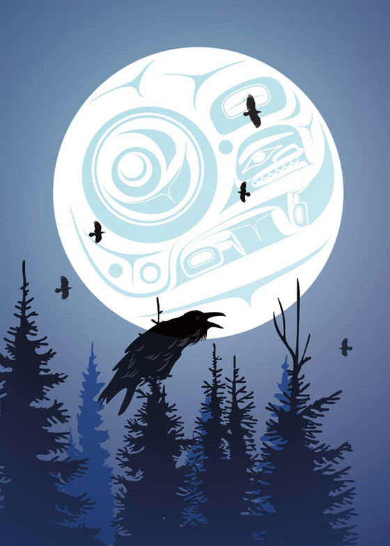 A complex first nation’s moon lights up the night sky.  Below the moon, several pines trees are silhouetted. It is slightly foggy. A large croaking raven sits at the top of the center tree. In the background are five flying birds. This Canadian Indigenous print was painted by Tlingit artist Mark Preston. He was born in Dawson CIty, Yukon.