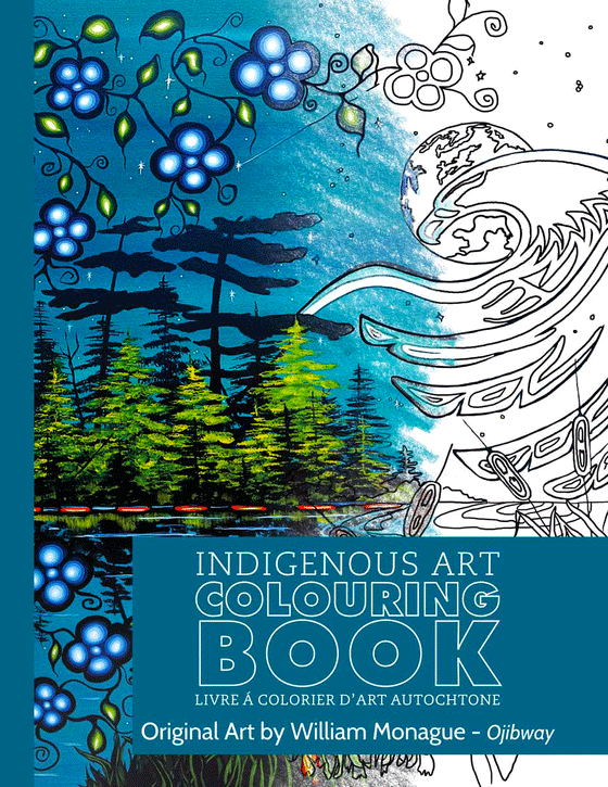 Indigenous art colouring book with forest landscape and eagle cover and original art by Ojibway artist William Monague