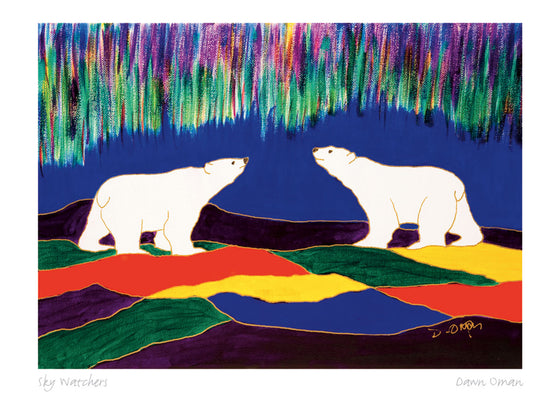 Two polar bears looking up at an aurora. The land is made of abstract colourful shapes. The sky is dark blue. Numerous green and purple streaks form an aurora. This Canadian Indigenous print was painted by Dawn Oman, a Dene artist from Yellowknife, North West Territories.