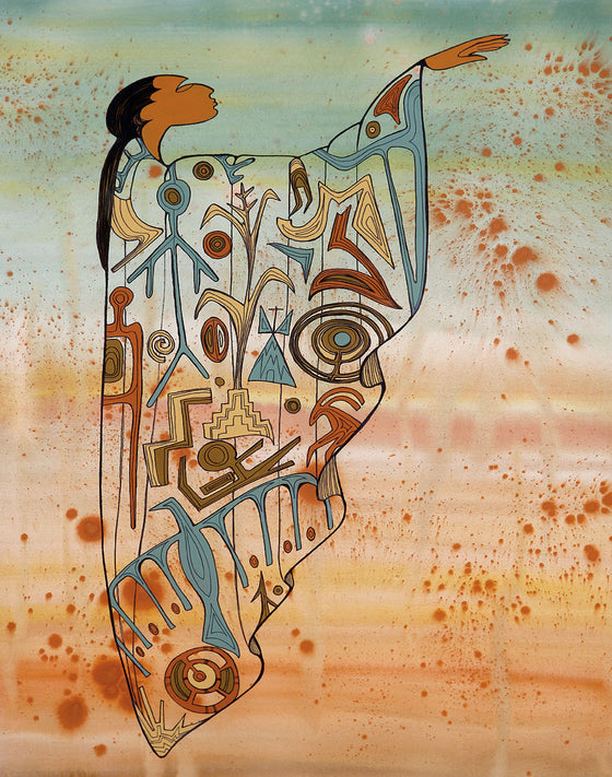 A blue to orange background with a singular almost transparent figure. Their arm is outstretched and their garb though mainly transparent has visible imagery. Their black hair hangs down their back in a ponytail.