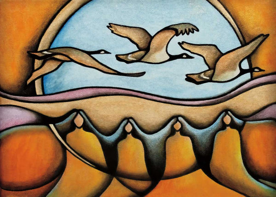 Beautiful art print by Mi’kmaq Métis artist Nathalie Coutou depicting three geese flying in the sky over four people