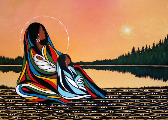 A mother, daughter, and baby that is held in the mothers arms. They are sitting on the shore looking out into the sunset. The artist is Cree artist Betty Albert, who was adopted and raised by French Canadian parents in Northern Ontario.