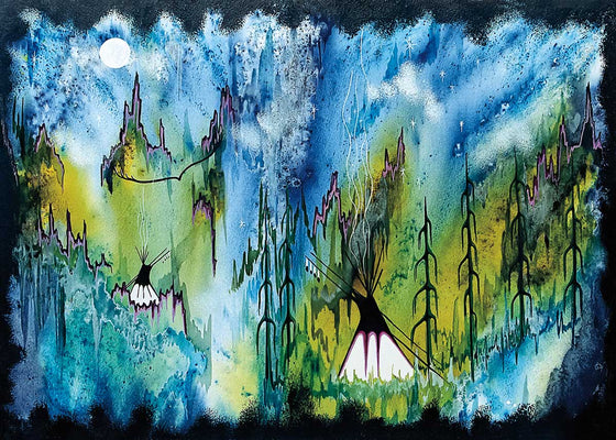 An abstract print of a village, with the main colours being blue and green. There is a moon, stars, trees, and what appears to be two tents. The artist is William Monague, who is Ojibway from Christian Island, southern Georgian Bay, Ontario.