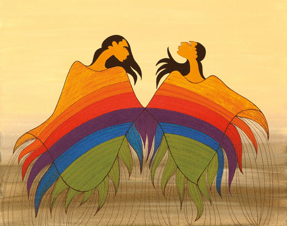 Two people in an open field with a light yellow sky. The people are wearing rainbow shawls. The artist is Maxine Noel, who was born in Manitoba of Santee Oglala Sioux parents.