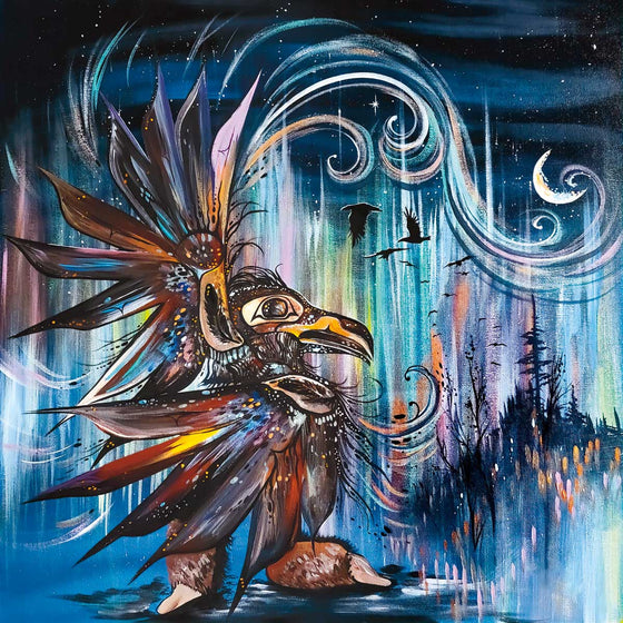 A colourful piece by Métis Cree artist Carla Joseph. The background is a colourful rainbow aurora with birds flying and the moon. A raven is in the middle and has beautiful feathers.