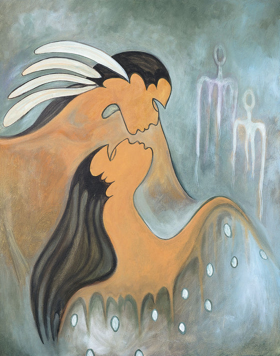 Two people looking up and down at each other. Beside them are two stick-like figures representing the souls. The background is a mix of greens and blues. The artist is Maxine Noel and was born in Manitoba of Santee Oglala Sioux parents.