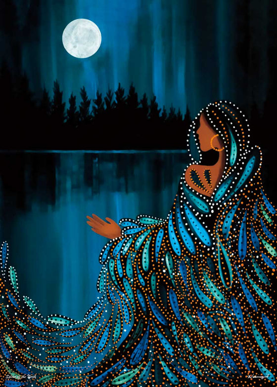 A woman looking out into water and trees. There is a bright white moon and an aurora. The artist is Betty Albert-Licenz, she was adopted and raised by French Canadian parents in Northern Ontario.