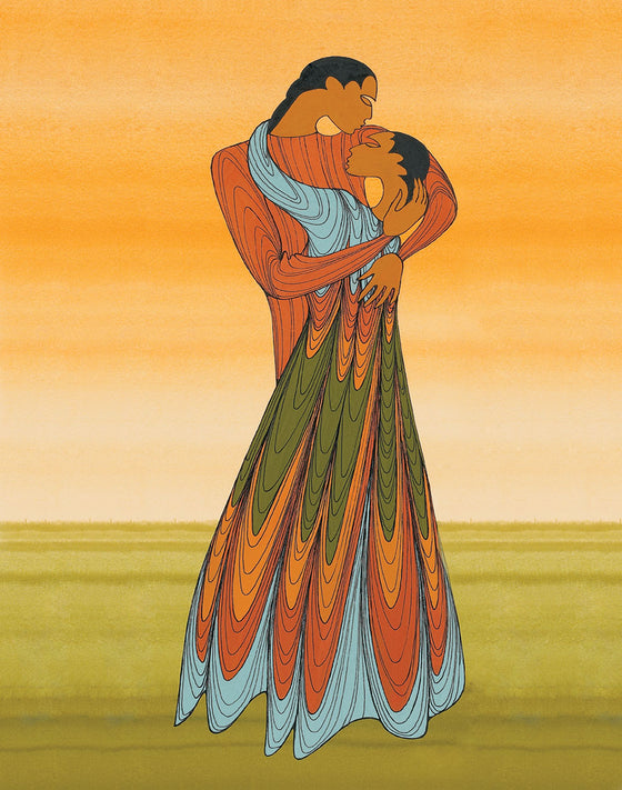 Two people holding each other. The background is a green ground with a yellow sunset sky. The artist is Maxine Noel, who was born in Manitoba of Santee Oglala Sioux parents.
