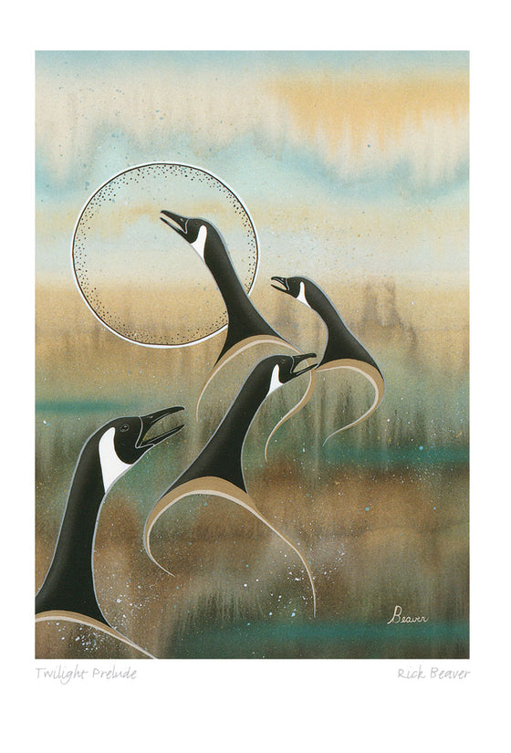 Four Canadian geese with a tie dye style background using the colours green, blue, brown, and yellow to make a landscape background. The artist is Rick Beaver from Alderville Indian Reserve on Rice Lake, Southern Ontario.
