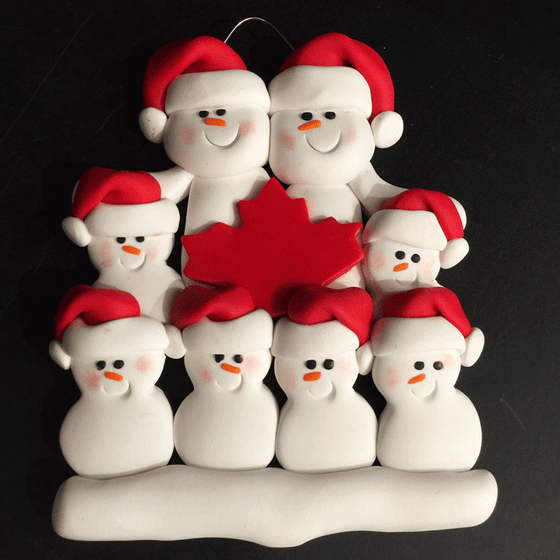 Maple Leaf Snowman Family of Eight Ornament