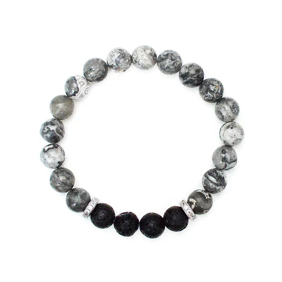 Our Canadian made aromatherapy "Believe" bracelet is made out of 8mm Black Picture Jasper and lava beads, which helps reduce fear and anxiety