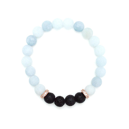 Our Canadian made aromatherapy "Flow" bracelet is made out of 8mm Aquamarine and lava beads, which evokes the purity, relaxation and calm of the sea