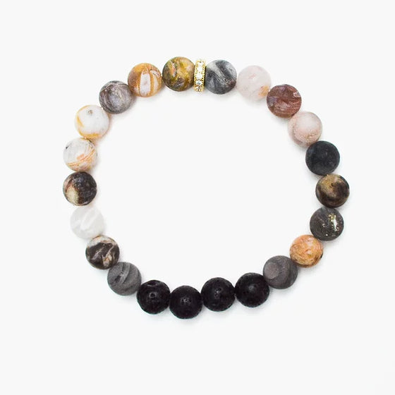 Our Canadian aromatherapy "Prevail" bracelet is made out of 8mm Bamboo agate beads and lava beads, which is a very protective stone that promotes peace and calmness, allowing for positive energy and strength to prevail during times of hardship