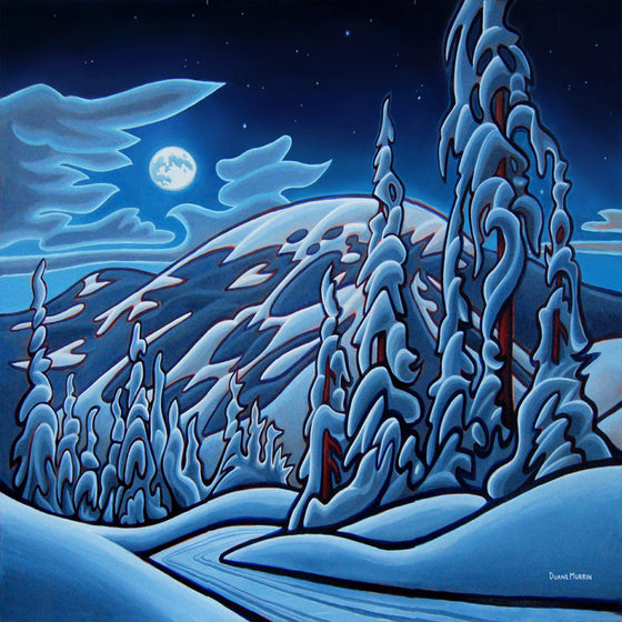 White snow-covered trees and a snow coated ground occupies the foreground of the image. A blue-grey snow capped mountain is behind the trees, with a dark blue starry sky above. A bright white moon and white flowing clouds occupy the sky as well.