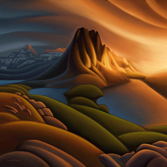 A green and rocky landscape with bodies of water around a mountain. There is a brightness on the right side and more mountains in the dark on the left side.