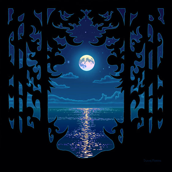 A bright white moon can be seen through the black silhouette of trees on either side of the image. The moon sits in a dark blue starry and cloudy sky, and dark blue water below reflects the moon's light.