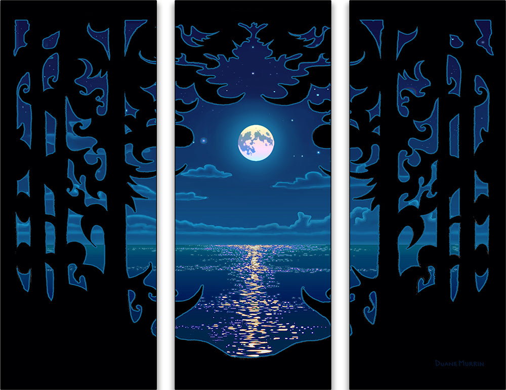 A night sky is depicted 3 horizonal pieces. A bright white moon occupies the middle piece, and is surrounded by the black silhouette of trees on the two side pieces. The moon sits in a dark blue starry and cloudy sky, and dark blue water below reflects the moon's light.