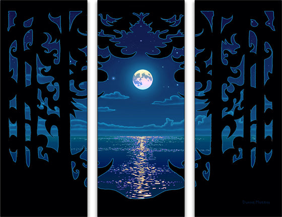 A night sky is depicted 3 horizonal pieces. A bright white moon occupies the middle piece, and is surrounded by the black silhouette of trees on the two side pieces. The moon sits in a dark blue starry and cloudy sky, and dark blue water below reflects the moon's light.