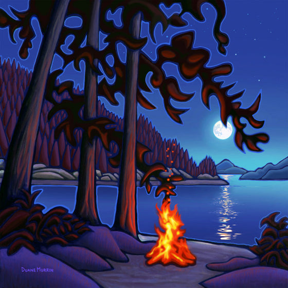 A bright orange campfire sits between trees and rocks, with a dark blue lake reflecting the night sky behind. Forest hills occupy the background of the image, with a dark blue starry sky and a bright white moon above.