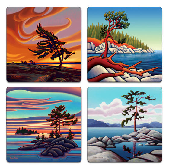 Set of four coasters, each with a different image of a summer landscape designed with a combination of the spongy foliage of the Group of Seven and the French curves of Art Nouveau by Duane Murrin