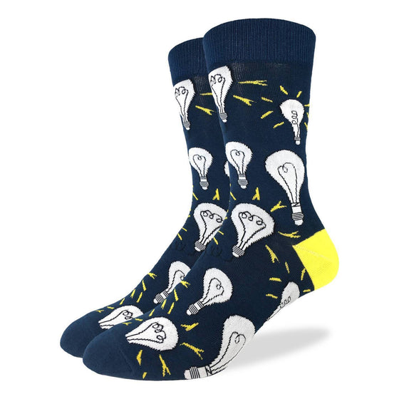 These fun socks feature white incandescent light bulbs, some with light coming off them, on a dark navy blue background with bright yellow heels. Spandex added to the 85% cotton blend gives the socks the perfect amount of stretch to hug your feet.