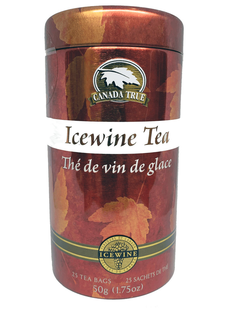 Reusable burnt orange tin. Tin is embossed on the sides and on the lid with words “Icewine Tea”. Tin has lighter orange maple leaves as background decoration. 
