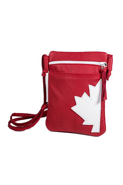 Red side purse with half of a white maple leaf on one side of the side of the bag. Has a white zipper with a red tassle. Long adjustable string to change length. 