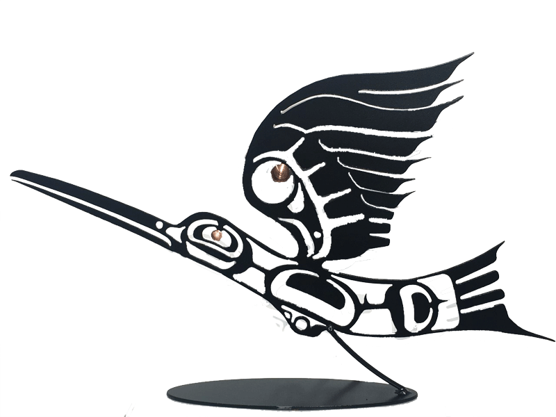 This metal sculpture shows the matte black silhouette of a hummingbird drawn in Coastal Salish style. The hummingbird is midflight, with its back arched slight downward and it wing stretched high above its head. Its long beak is two thirds the length of its body. A small copper disk marks the eye of the bird, and a slightly larger disk provides detail to the wing. A small angled rod connects the base of the bird to its oval base.