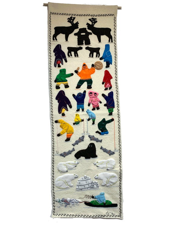 This stunning duffle wall hanging was created by Inuk artist Celina Lootna in Arviat Nunavut and features many aspects of Inuit life and its culture in vivid colours against a white background
