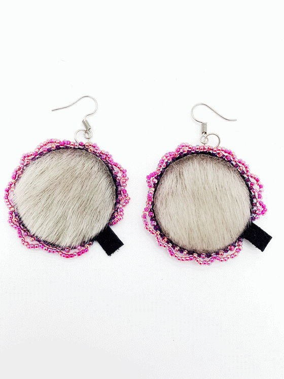 grey seal skin, circle shaped drop earrings with pink beads around the border.