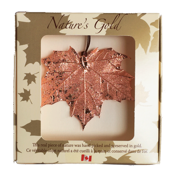 A large copper coated maple leaf sits in a paper box. The top face of the box has a wide square viewing hole. The box is tan with gold maple leaf prints. At the top of the box is written Nature’s Gold. At the bottom is written “this real piece of nature was handpicked and preserved in gold” followed by “Ce véritable objet naturel a été cueilli à la main et conservé dans de l’or”