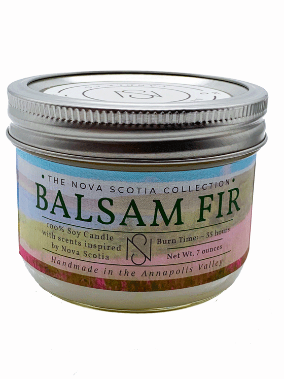 Cylindrical candle Jar with a tin cap. There is a label on the candle Jar, with a flower garden background, and Balsam Fir written in the middle.