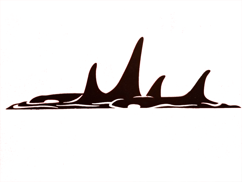 This metal sculpture shows the matte black silhouette of a pod of orcas breaching at the surface of the water. Four long dorsal fins as well as the edge of two whale heads can be seen above the water. The whales are tightly grouped and they obscure each other. Delicately punched metal creates the details of the rippling water around them.