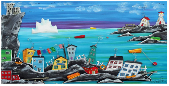 A lively depiction of St. John's battery. A vibrant blue and purple sky spans across the top of the picture, with bright blue ocean water below. An iceberg and 3 colourful dories can be seen in the ocean. Two historic landmarks are shown - the grey stone Cabot Tower on the top left, and the white and red Fort Amherst Lighthouse on the right. The numerous multicoloured houses of the battery occupy the bottom of the image, situated on the grey rocky shore.