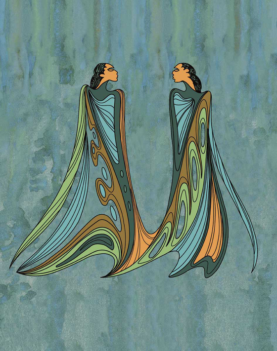 Two women facing each other. They are wearing the colours green, blue, brown, and orange, which matches the background. The artist is Maxine Noel, who was born in Manitoba of Santee Oglala Sioux parents.