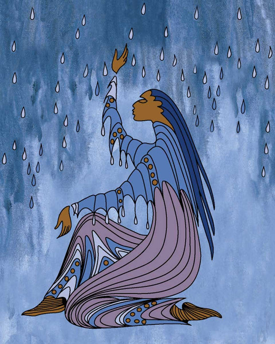 A woman kneeling with one hand up. The background is a mix of different blues with prominent raindrops. The artist is Maxine Noel, who was born in Manitoba of Santee Oglala Sioux parents.