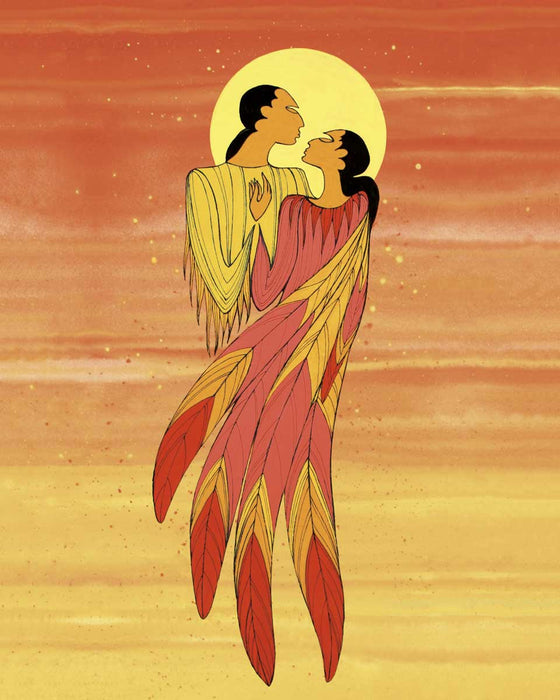 Two people holding each other. One person has a dress which bloom out into feathers at the end. The other person is wearing yellow with smaller feathers at the end. The artist is Maxine Noel, who was born in Manitoba of Santee Oglala Sioux parents.