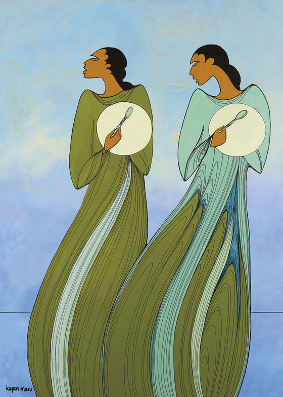 Two women holding a spoon and plate each. Both are wearing dresses of blue and green. The background is a tie dye blue colour. The artist is Maxine Noel, and was born in Manitoba of Santee Oglala Sioux parents.
